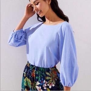 LOFT Balloon Sleeve Linen Blend Top XS | Periwinkle Blue Boat Neck Blouse
